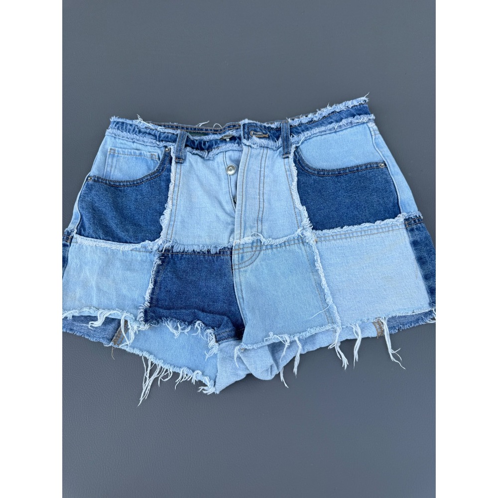 Patchwork Denim Cutoff Shorts High Rise Blue Multi Size 6 Y2K shorty button fly